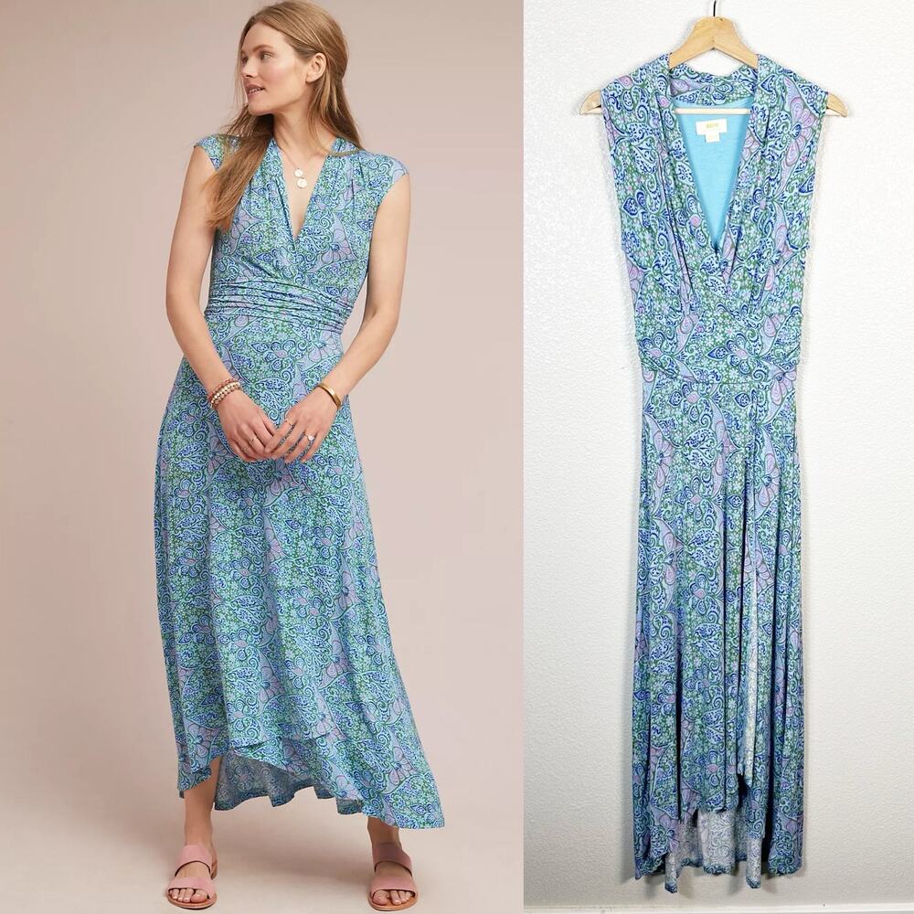 Anthropologie Blue & Mint Paisley Wrap Midi Dress
